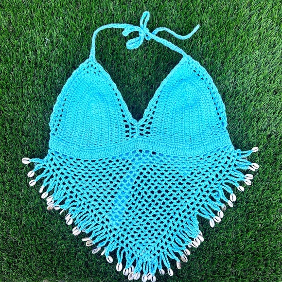 Island Planet Tops - Blue Crochet Halter Tank Top